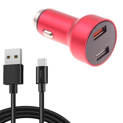 For TCL K33/K32 5G - Car Charger 24W Fast 2-Port 6ft USB-C Cable DC Socket