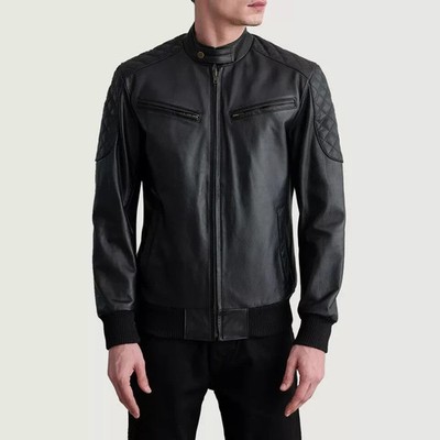 Mens Black Leather Bomber Jacket Motorcycle Biker Quilted Cafe Racer Outerwear