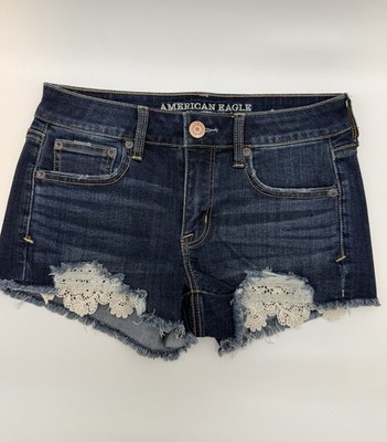 American Eagle Shorts Women 4 Denim Shortie Destroyed Lace Pockets Jorts