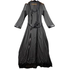 Vintage Slip Dress Nightgown Robe Set Sheer Velvet Trim Black Silver Small F177