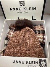 Anne Klein Chestnut Knit Hat W/ Faux Fur Pompom And Scarf Gift Set NIB AK-456T