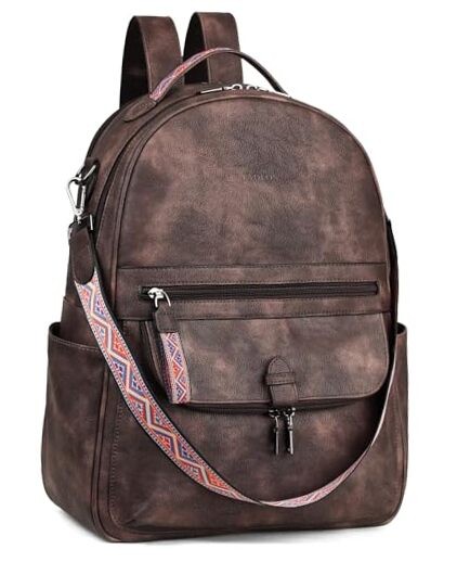 15.6 Inch Retro Coffee Brown Leather Laptop Backpack Purse for Women