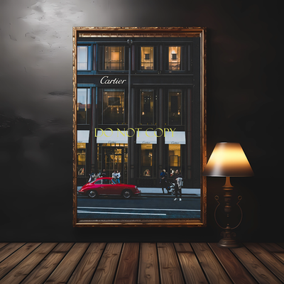 Cartier Storefront with Classic Red Porsche 11x17 Unframed Art