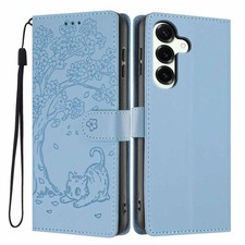 Book Case aus veganem Leder mit Katzen- und Baummotiv für Samsung Galaxy