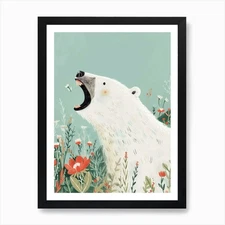 Polar Bear Growling Storybook Illus Framed Wall Art Poster Canvas Print Picture