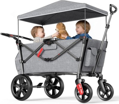 EVER ADVANCED Bollerwagen Faltbar für 2 Kinder mit Dach & Sicherheitsgurten,