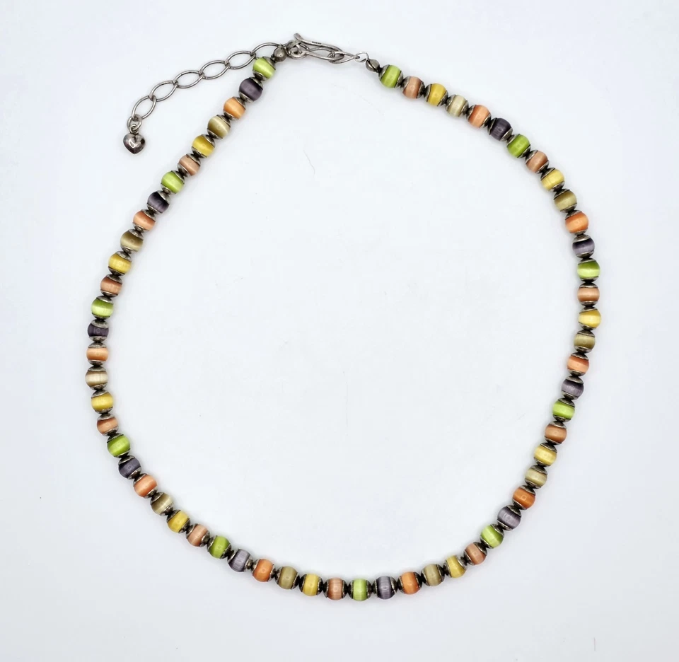 Collar Vintage Plata Esterlina Ojo de Gato Cuentas Multicolor Retro Boho Único Foto 2 de 4
