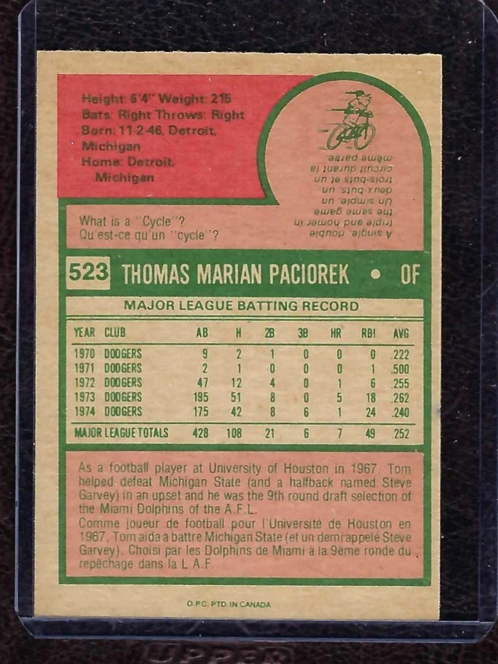 1975 OPC, O-Pee-Chee #523 Tom Paciorek, Los Angeles Dodgers, NM! - Image 2 of 2