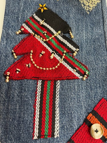 Pair of Handmade Hanging Santa Stockings Christmas Ornaments Wool & Denim Large - Picture 31 of 48