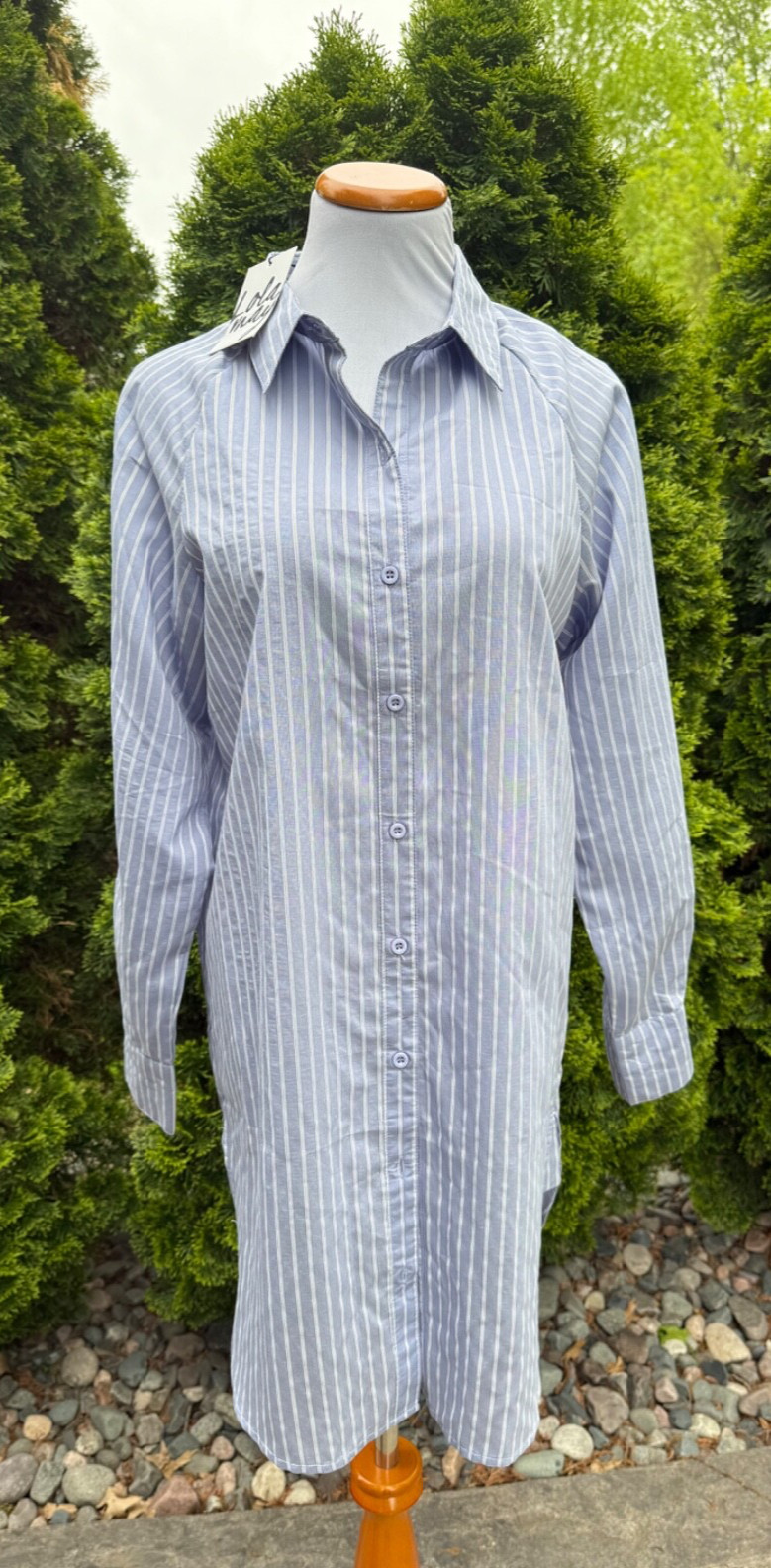 New LOLA MAY Blue Striped Button Down Shirt Dress size 10