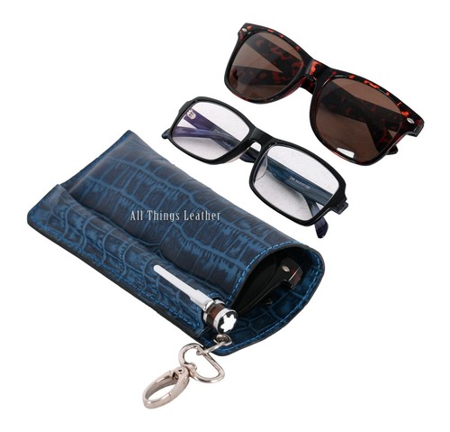 Leather Glasses Case With Pen Holder Genuine Croc Print Leather Keychain Pouch - Picture 18 of 26