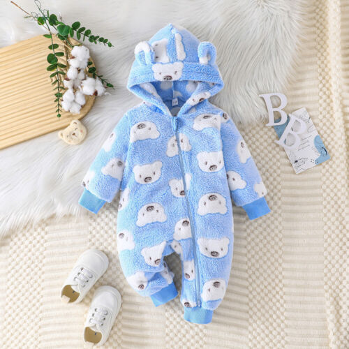 Cute Newborn Baby Boys Fleece Teddy Bear Hooded Romper Jumpsuit Outfit Clothes - Picture 13 of 26