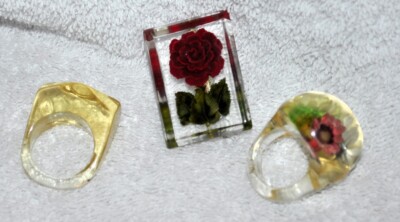 VINTAGE REVERSE CARVED LUCITE BROOCH  pin & ring lot flowers FUN GROUPING