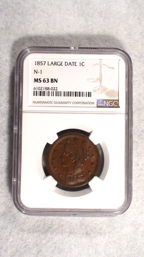 RARE 1857 BRAIDED HAIR  LARGE CENT NGC MS63 BN LARGE DATE  1C Penny Coin!