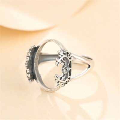 Antique Style 925 Silver Adjustable Ring Setting for 15x19mm Oval Cabochons 