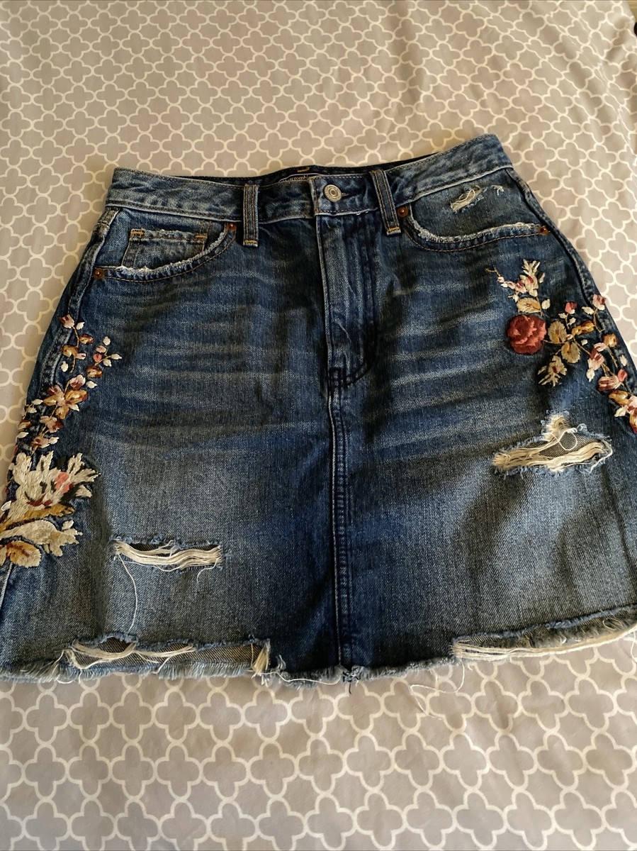 Abercrombie & Fitch Denim Cut Off Mini Skirt Embroidered