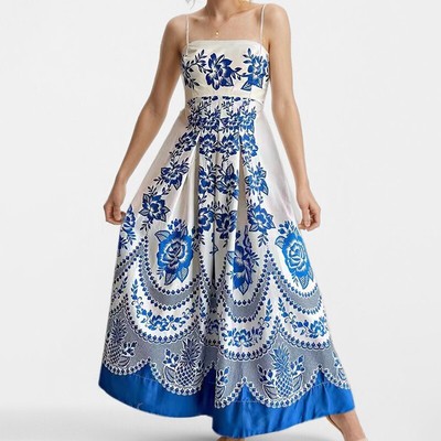 2025 Women's New Style Elegant High Waist Printed Strap Casual Fashion Dress