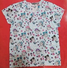 Sky Blue Puppy Dog Flower BFF Medical Uniform Scrubs Top Pockets Court all sizes