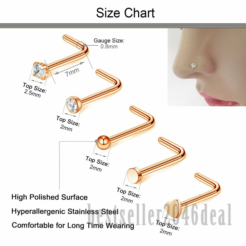 21 PIEZAS Acero Inoxidable Circonita cúbica Anillos para Nariz Pendientes Pernos L Tornillo Hueso Cuerpo Piercing 20G Foto 4 de 4