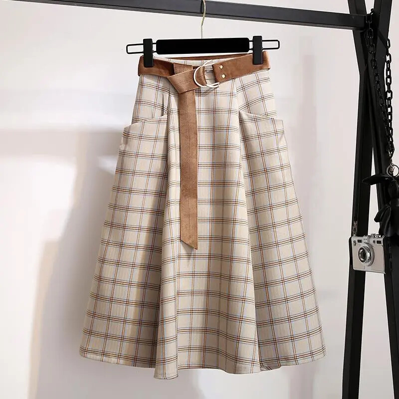 Women Warm Check Plaid Skirt Midi A-line Retro High Waist Belted