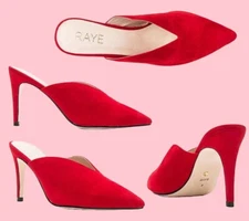 Raye - “Jasper” Red Velvet Pointed-Toe Slip-On V-Shape 3.5” Mules - 7.5