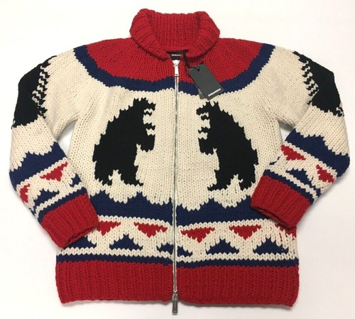 DSQUARED2 Colorblock Wool Twin Bear Oversized Chunky Shawl Knit Sweater Cardigan - Picture 3 of 16