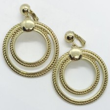 VTG GOLD ROPE DOUBLE HOOP DANGLE EARRINGS CLIP-ON LARGE RETRO METAL 2  