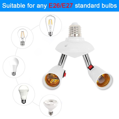 2 IN 1 E26/E27 Medium Screw Base Light Splitter Socket Adapter Extender w/Switch - Picture 3 of 11