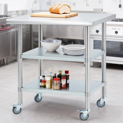 24*30 in Stainless Steel Commercial Prep Table with Wheels Adjustable Shelf