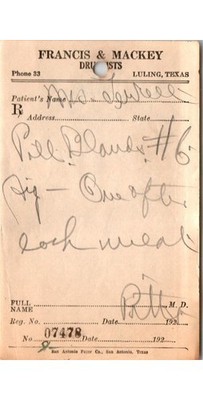 1920s Francis & Mackey Drugists Luling TX Pharmacy Document Pill Bland #6 07478