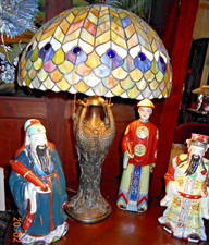 Spectacular Bronze Peacock Quartet Lamp w/ Gorgeous Stained Glass Shade 30" Tall