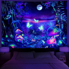 Blacklight Fantasy Forest Moon Tapestry UV Reactive Psychedelic Butterfly Galaxy