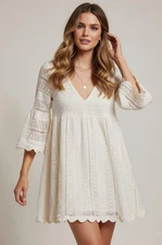 Pomander Place Tuckernuck Mini Dress Small Ivory Crochet Lace Bell Sleeve Boho
