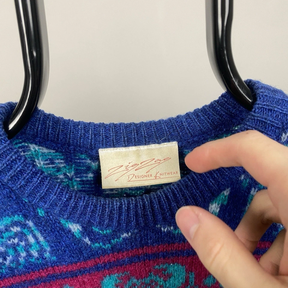 Vintage Zig Zag  Designer Knitwear Wool Jumper Retro M Made In Scotland Blue - Image 4 of 4