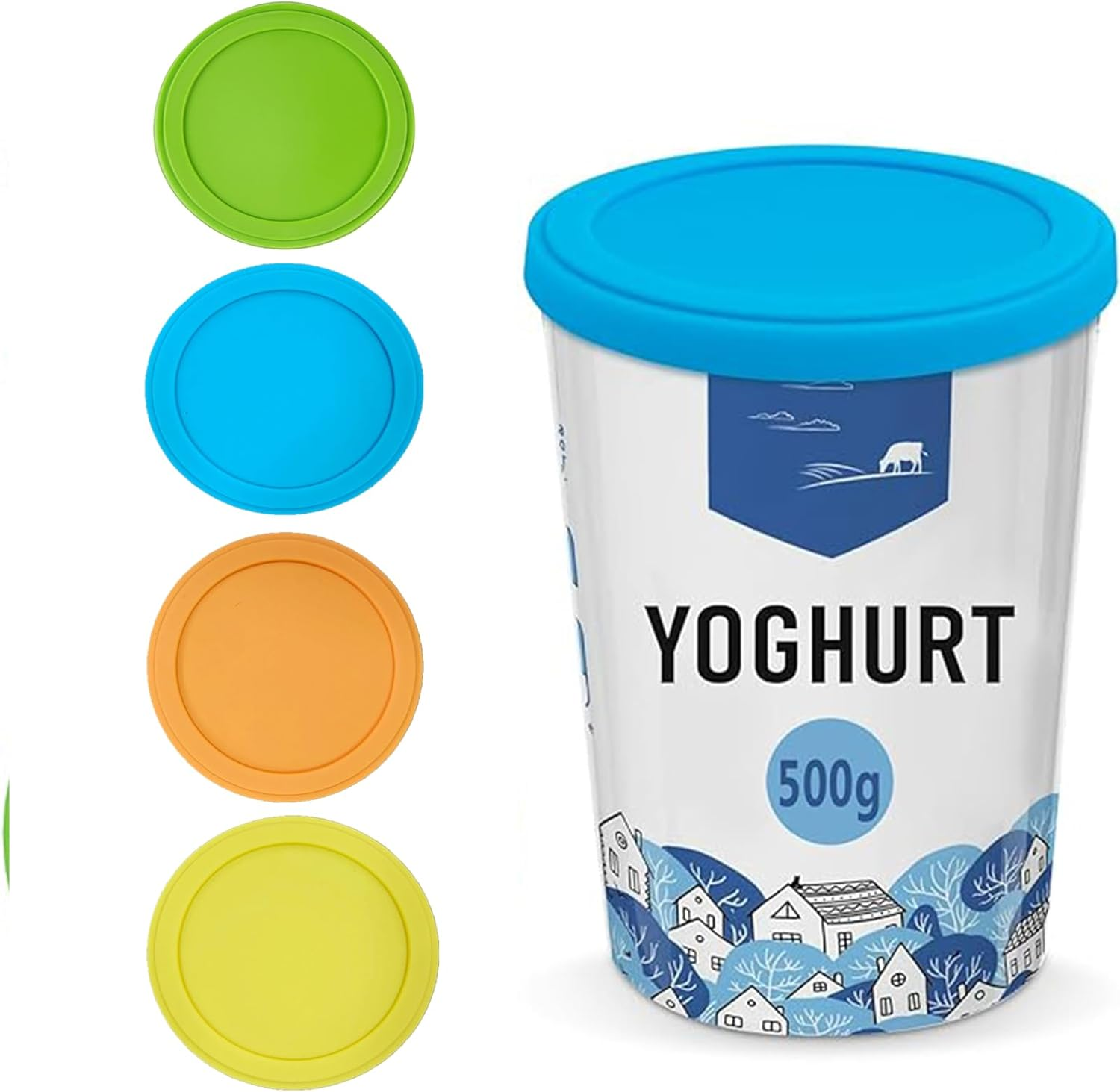 Set of 4 Multi-Colored Silicone Yoghurt Lids, Reusable, Compatible with 500G Jar