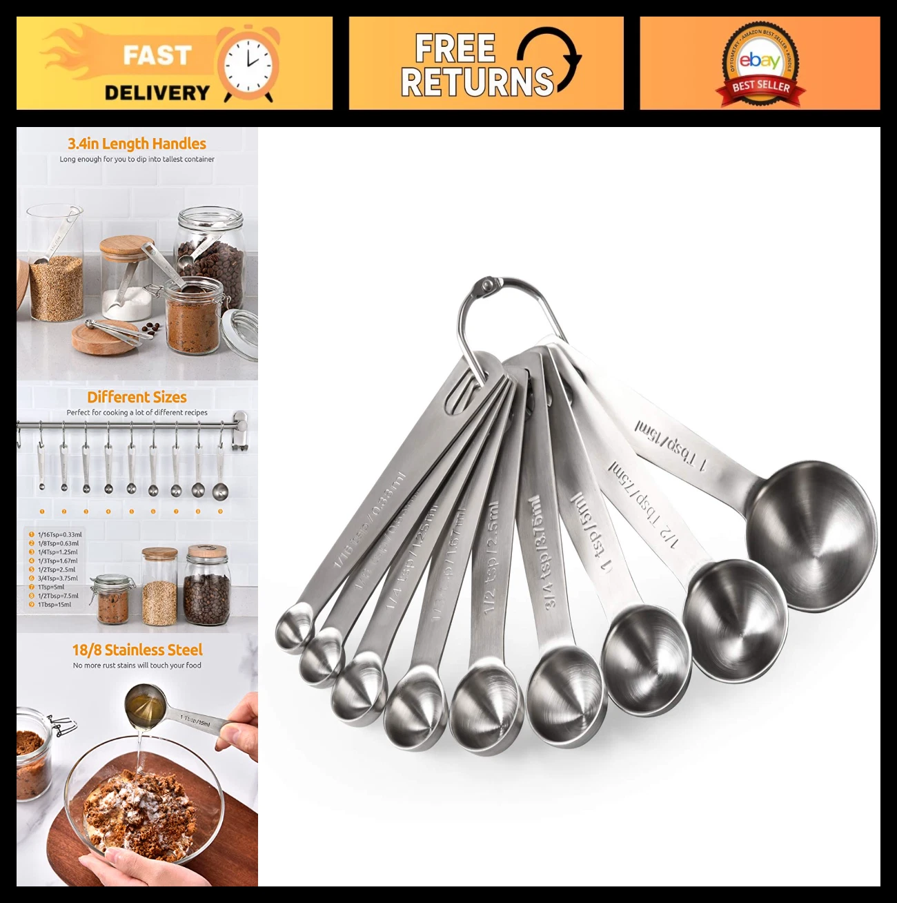 Stainless Steel Measuring Spoons Set of 9 - 1/16 to 1 tbsp for Dry & Liquid Ingr