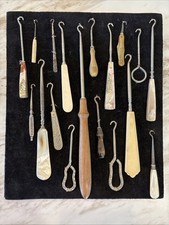 Vintage Lot of 18 Shoe Button Hooks. Shell, Mother of Pearl Melamine Wood Medal