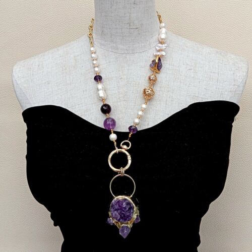 23" Cultured White Pearl Amethyst Necklace Purple Amethyst Raw Druzy Pendant - Picture 2 of 7