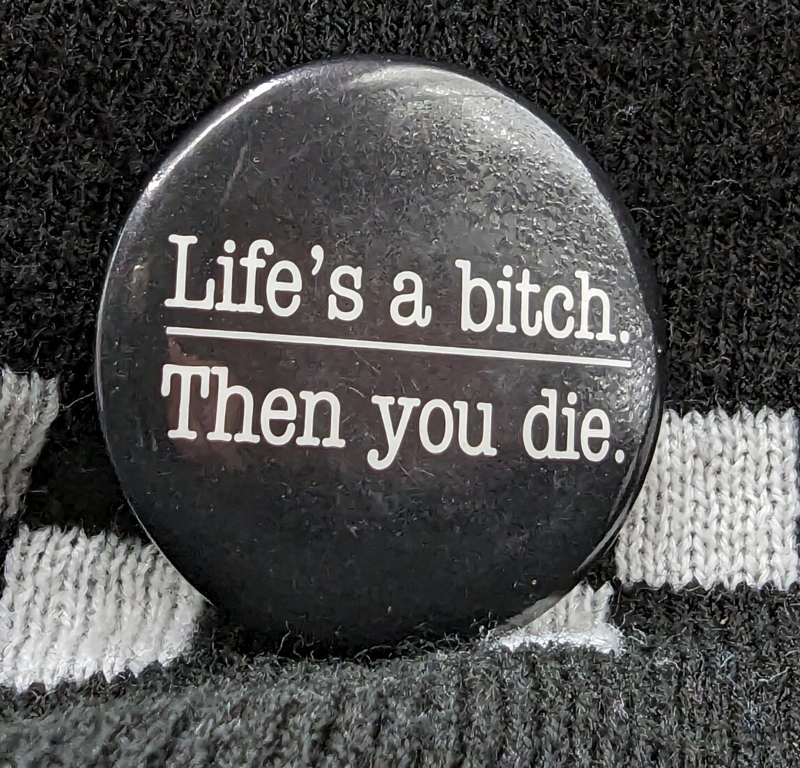 Vintage 80s Lifes A Bitch Then You Die Pinback Button Adult Funny Slogan Pin