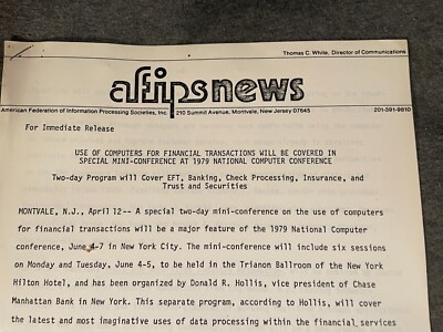 Use of Computers for Financial Transactions AFIPS 1979 Conference Press Release