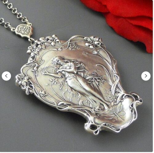 Goddess Locket Harp Necklace Goddess Pendant Necklace Antique Silver Woodland - Picture 1 of 5