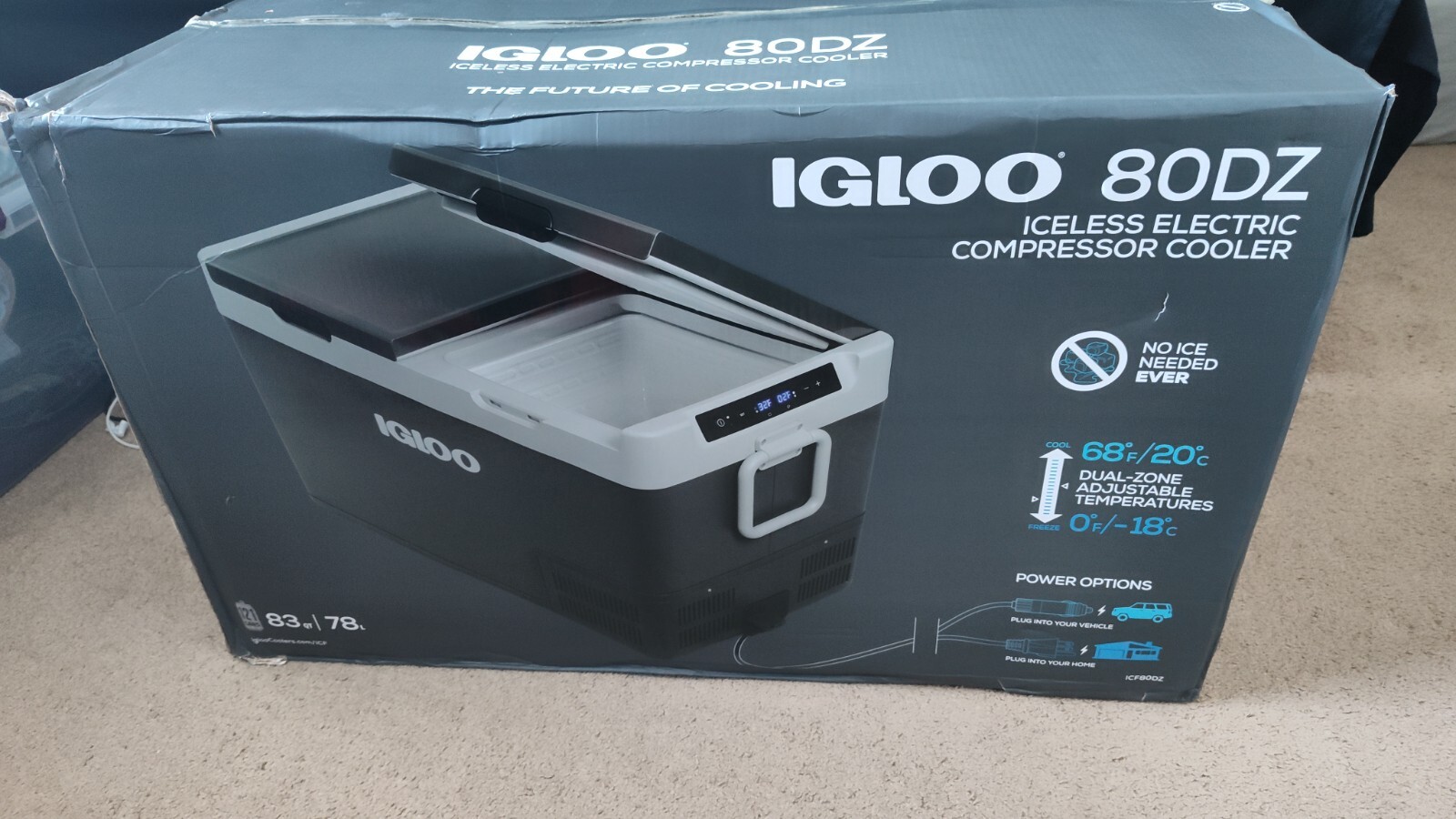 igloo 80dz iceless electric compressor cooler. Dual compartment freezer refriger