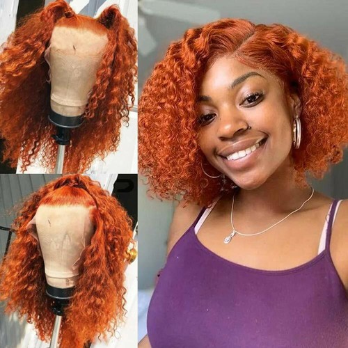 Human Hair Wig For Women Ginger Curly Short Deep Wave T part Lace 12" - Picture 2 of 11