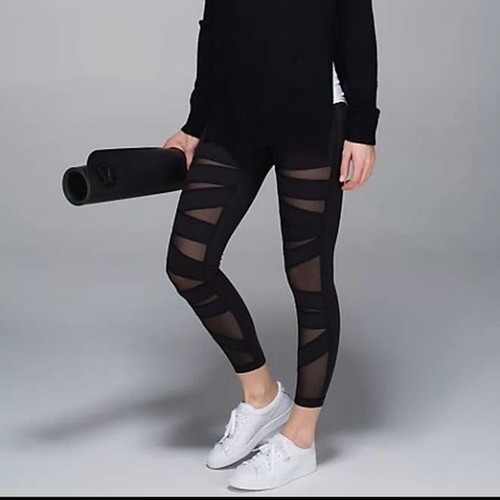 NWT Lululemon High Times Crop Leggings Pants * Tech Mesh 7/8 Length Black * 2 4