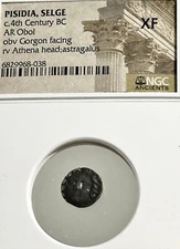 Pisidia Selge AR Obol 4th Century BC Gorgon Athena NGC XF