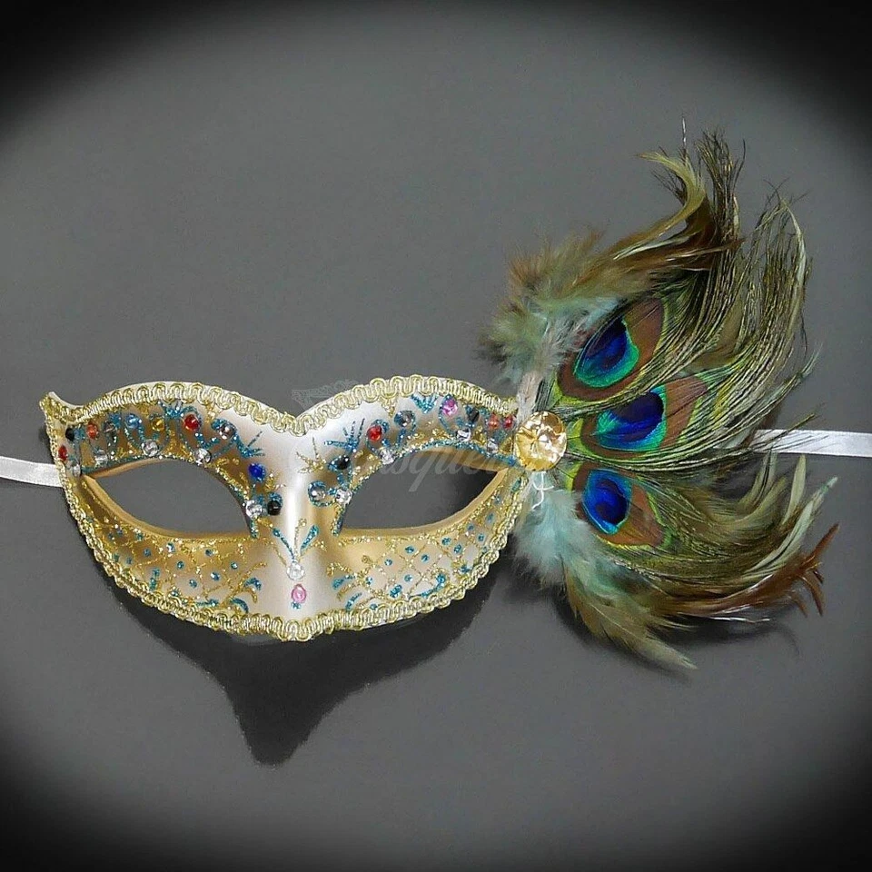 Couple's Masquerade Masks |  Masquerade Masks Peacock Feathers Black/Gold/White - Image 4 of 4