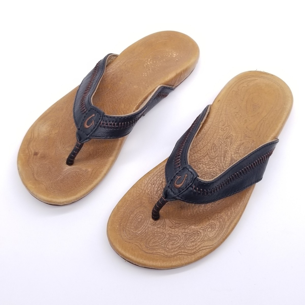 OluKai Tan and Black Flip-Flops OluKai Tuahine Leather Flip-Flop Sandal Large Size  main image 4