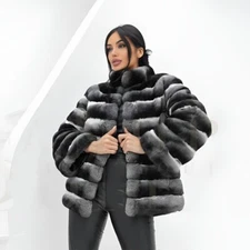 Luxury Women's Chinchilla Jackets Real Rex Rabbit Fur Coats Winter Warm Outwear