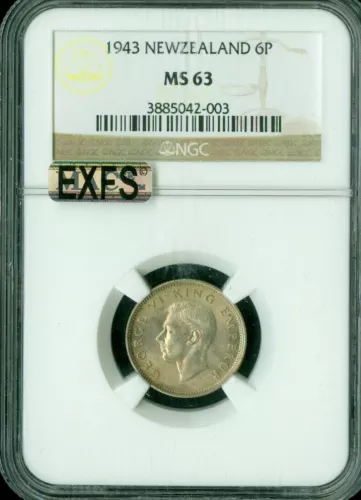 1943 NEW ZEALAND SIX PENCE 6P NGC MS63 MAC EXFS EXCEPTIONAL 1ST STRIKE RARE *