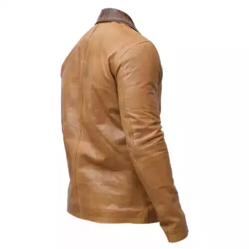 New Men's Leather Blazer Tan Premium Genuine Lambskin vintage Button Closer Coat - Picture 6 of 9